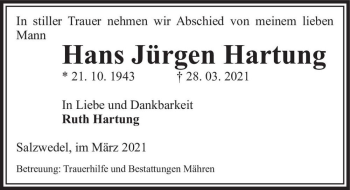 Traueranzeige von Hans Jürgen Hartung  von Magdeburger Volksstimme