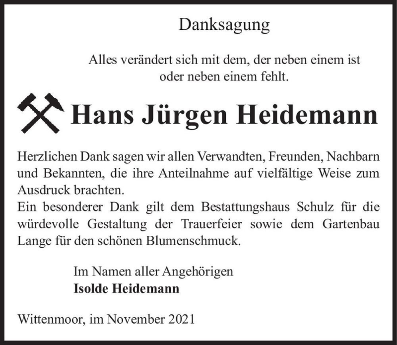  Traueranzeige für Hans Jürgen Heidemann  vom 20.11.2021 aus Magdeburger Volksstimme