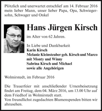 Traueranzeige von Hans Jürgen Kirsch  von Magdeburger Volksstimme