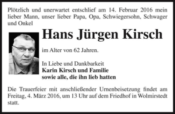 Traueranzeige von Hans Jürgen Kirsch  von Magdeburger Volksstimme