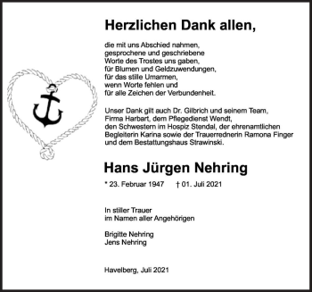 Traueranzeige von Hans Jürgen Nehring  von Magdeburger Volksstimme