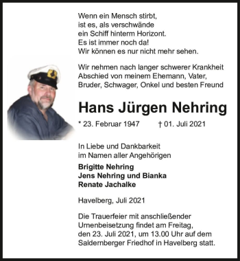 Traueranzeige von Hans Jürgen Nehring  von Magdeburger Volksstimme