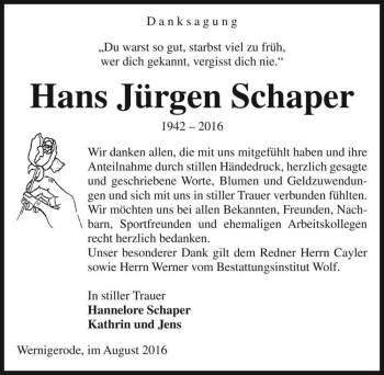Traueranzeige von Hans Jürgen Schaper  von Magdeburger Volksstimme
