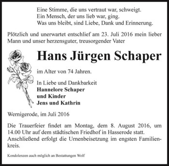 Traueranzeige von Hans Jürgen Schaper  von Magdeburger Volksstimme