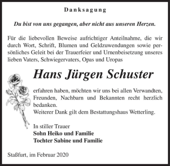 Traueranzeige von Hans Jürgen Schuster  von Magdeburger Volksstimme