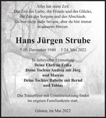 Traueranzeige von Hans Jürgen Strube  von Magdeburger Volksstimme