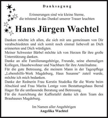 Traueranzeige von Hans Jürgen Wachtel  von Magdeburger Volksstimme