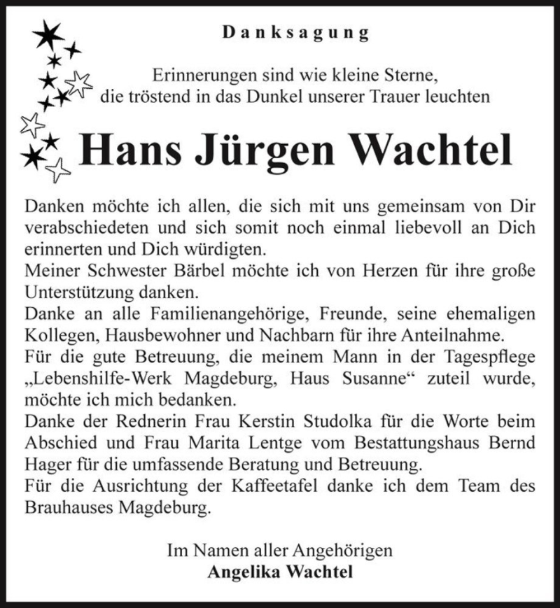 Traueranzeige für Hans Jürgen Wachtel  vom 01.10.2016 aus Magdeburger Volksstimme