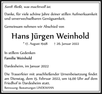 Traueranzeige von Hans Jürgen Weinhold  von Magdeburger Volksstimme