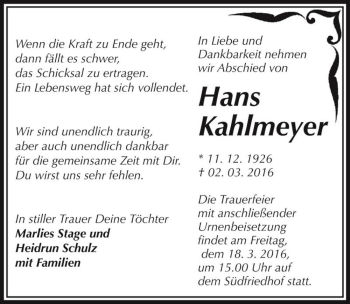 Traueranzeige von Hans Kahlmeyer  von Magdeburger Volksstimme
