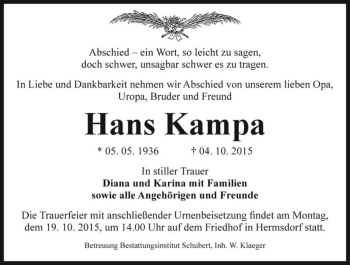 Traueranzeige von Hans Kampa  von Magdeburger Volksstimme