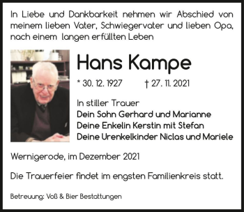 Traueranzeige von Hans Kampe  von Magdeburger Volksstimme