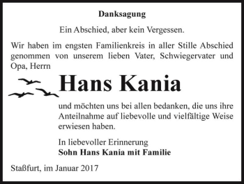 Traueranzeige von Hans Kania  von Magdeburger Volksstimme