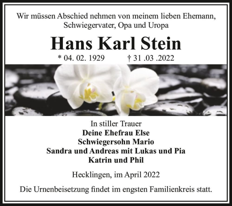  Traueranzeige für Hans Karl Stein  vom 09.04.2022 aus Magdeburger Volksstimme