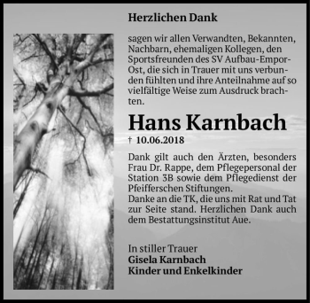 Traueranzeige von Hans Karnbach  von Magdeburger Volksstimme