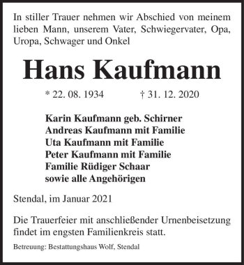 Traueranzeige von Hans Kaufmann  von Magdeburger Volksstimme