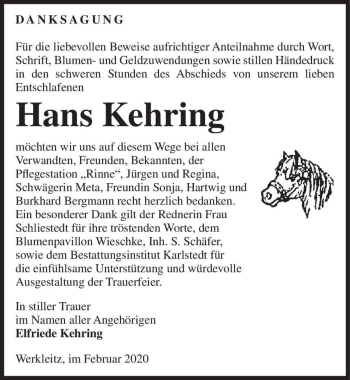 Traueranzeige von Hans Kehring  von Magdeburger Volksstimme
