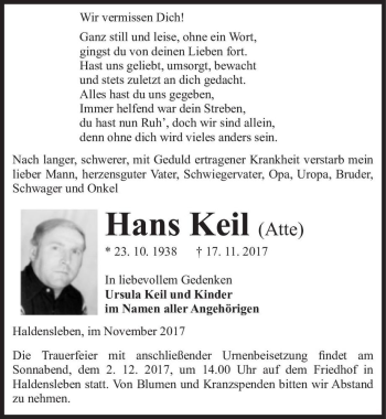 Traueranzeige von Hans Keil (Atte)  von Magdeburger Volksstimme