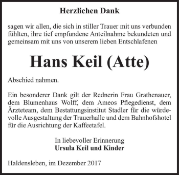 Traueranzeige von Hans Keil (Atte)  von Magdeburger Volksstimme