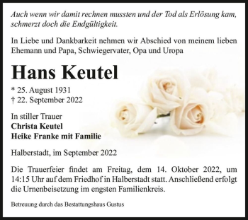 Traueranzeige von Hans Keutel  von Magdeburger Volksstimme