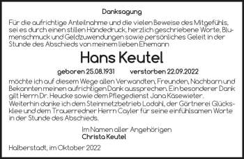 Traueranzeige von Hans Keutel  von Magdeburger Volksstimme
