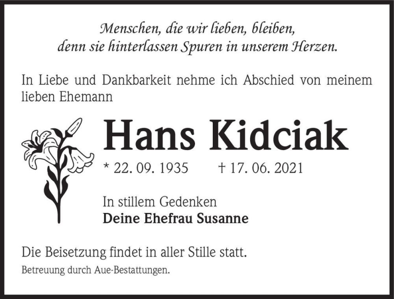  Traueranzeige für Hans Kidciak  vom 26.06.2021 aus Magdeburger Volksstimme