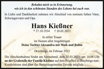 Traueranzeige von Hans Kießner  von Magdeburger Volksstimme