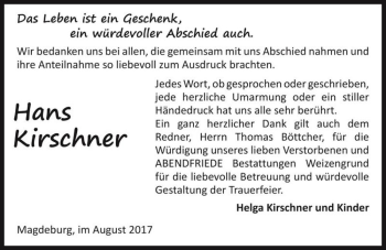 Traueranzeige von Hans Kirschner  von Magdeburger Volksstimme