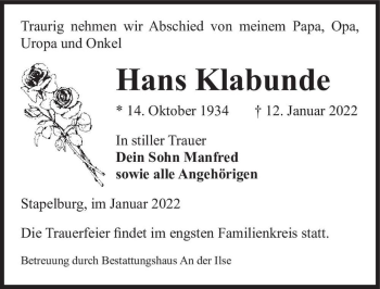 Traueranzeige von Hans Klabunde  von Magdeburger Volksstimme