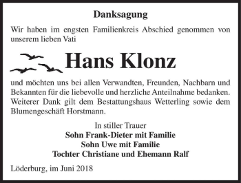 Traueranzeige von Hans Klonz  von Magdeburger Volksstimme