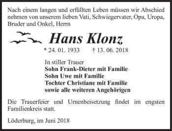 Traueranzeige von Hans Klonz  von Magdeburger Volksstimme