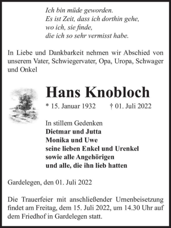 Traueranzeige von Hans Knobloch  von Magdeburger Volksstimme