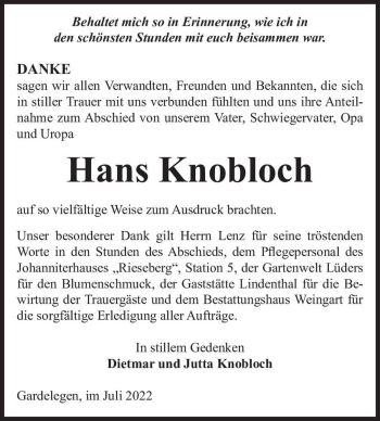 Traueranzeige von Hans Knobloch  von Magdeburger Volksstimme