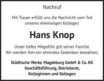 Traueranzeige von Hans Knop  von Magdeburger Volksstimme