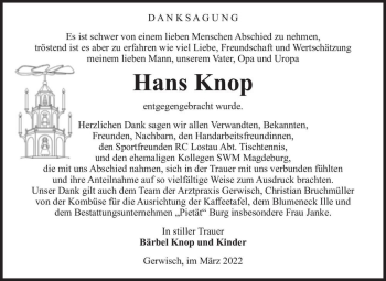 Traueranzeige von Hans Knop  von Magdeburger Volksstimme