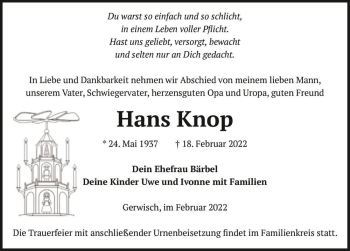 Traueranzeige von Hans Knop  von Magdeburger Volksstimme