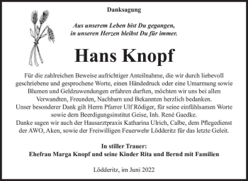 Traueranzeige von Hans Knopf  von Magdeburger Volksstimme