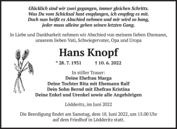 Traueranzeige von Hans Knopf  von Magdeburger Volksstimme
