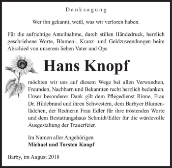 Traueranzeige von Hans Knopf  von Magdeburger Volksstimme