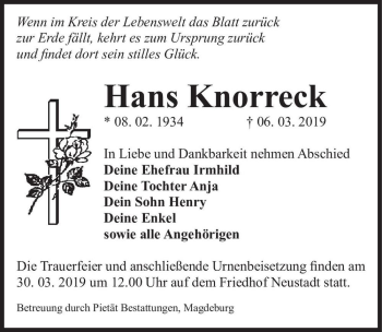 Traueranzeige von Hans Knorreck  von Magdeburger Volksstimme