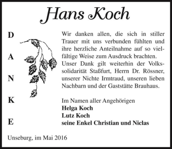 Traueranzeige von Hans Koch  von Magdeburger Volksstimme