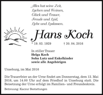 Traueranzeige von Hans Koch  von Magdeburger Volksstimme