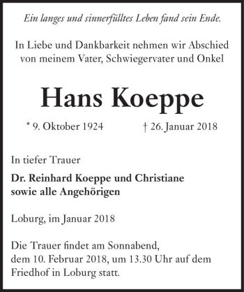 Traueranzeige von Hans Koeppe  von Magdeburger Volksstimme