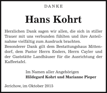 Traueranzeige von Hans Kohrt  von Magdeburger Volksstimme
