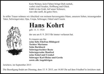 Traueranzeige von Hans Kohrt  von Magdeburger Volksstimme