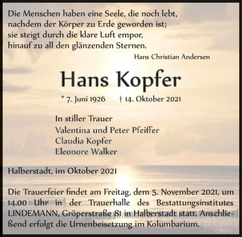 Traueranzeige von Hans Kopfer  von Magdeburger Volksstimme