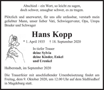 Traueranzeige von Hans Kopp  von Magdeburger Volksstimme