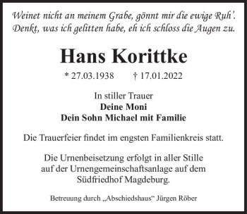 Traueranzeige von Hans Korittke  von Magdeburger Volksstimme