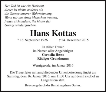 Traueranzeige von Hans Kottas  von Magdeburger Volksstimme
