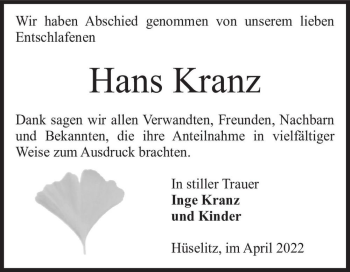 Traueranzeige von Hans Kranz  von Magdeburger Volksstimme